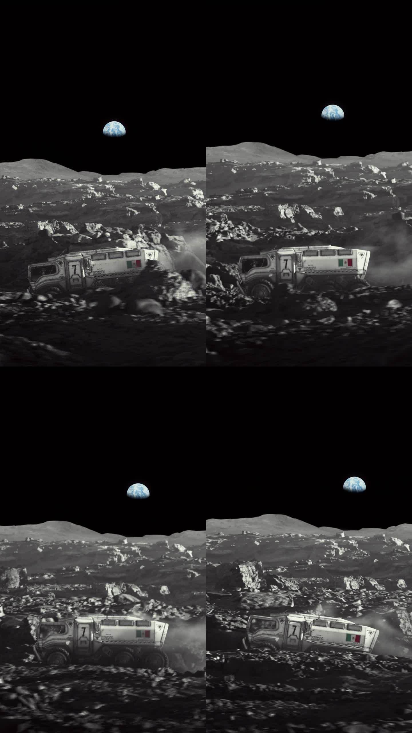 月球的太空殖民。放大带有墨西哥国旗的月球车探索月球表面的垂直视频