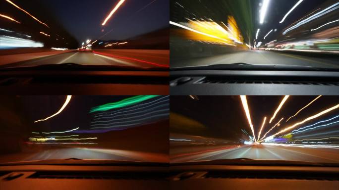 市区高速公路夜间交通的延时拍摄。在一个大城市的夜间快速行驶的延时镜头在停车场结束，汽车的正面视图是有
