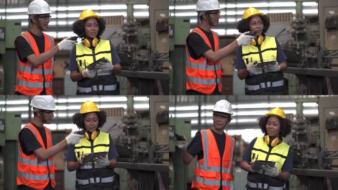 非洲裔美国工业工程师经理与亚洲修理工人机械师讨论在工业制造大型工厂中使用平板检测机器。