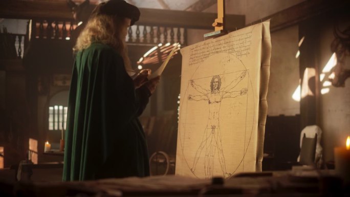 文艺复兴艺术工作室里，达芬奇在画架上画的《维特鲁威人》中景。代表科学、艺术、健康、健身的名品。研究它