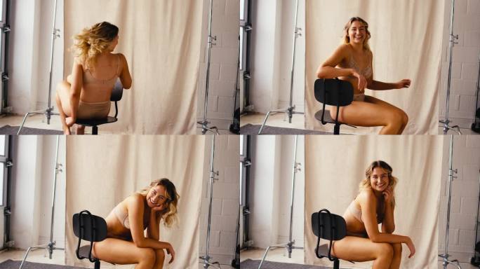 工作室拍摄的自信自然的女人穿着内衣，促进身体的积极性在椅子上旋转