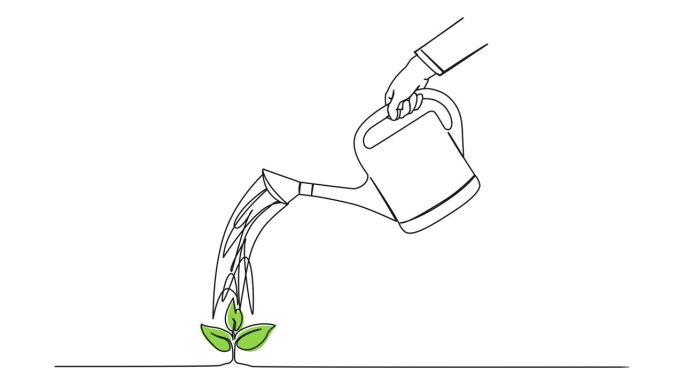 动画单线绘制的人用喷壶浇灌小绿色植物