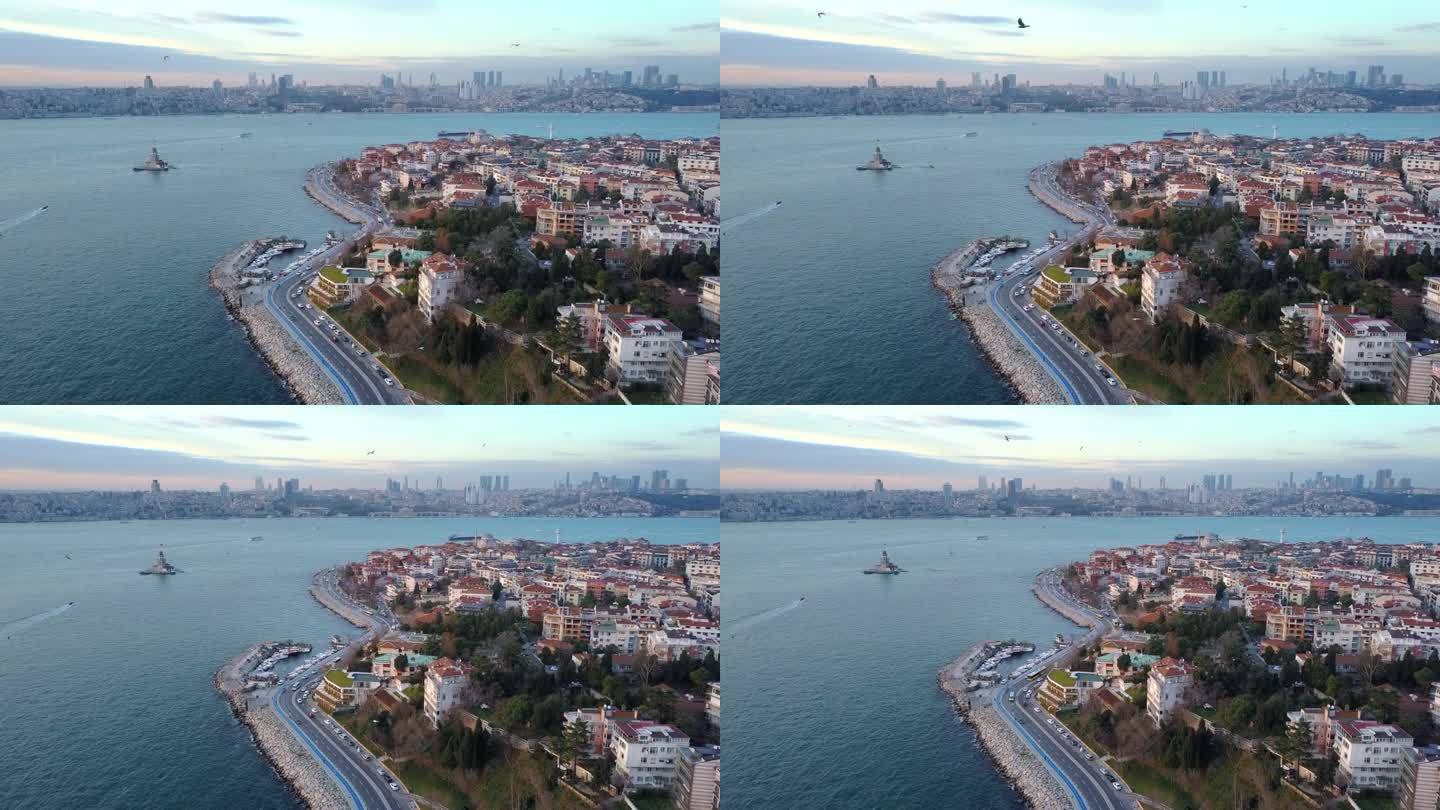 伊斯坦布尔乌斯库达尔地区的萨拉卡克。沿海道路上的交通，博斯普鲁斯海沿岸街道上停放的汽车和房屋。