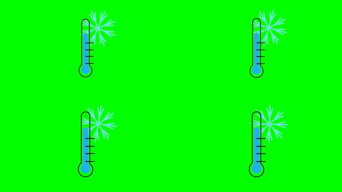 动画温度计图标与雪花概念的低或负温度的天气预报绿色色度键背景