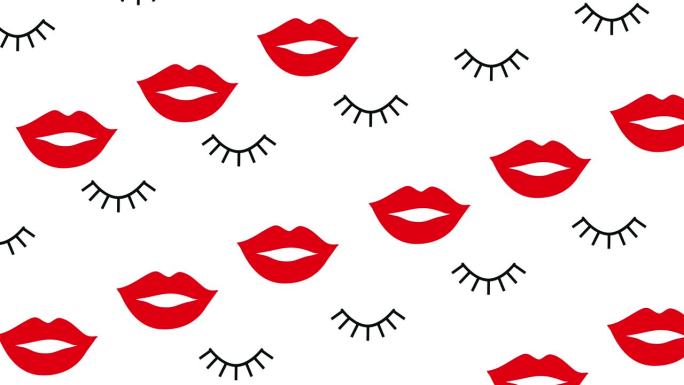 时尚的卡通背景或动画的许多眨眼的眼睛和红唇在一个白色的背景
