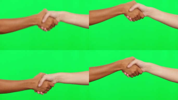 握手、员工见面会和绿屏表示欢迎、感谢和支持、同意或b2b入职。多样性，感谢或祝贺的手势，人在工作室与