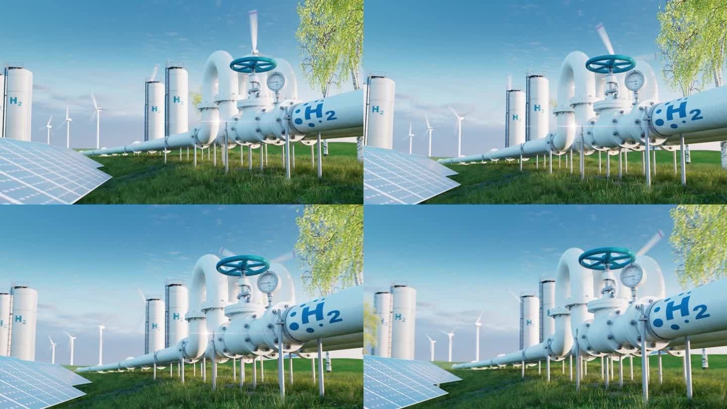 绿色草地的风景与风力涡轮机和氢气管道。储氢罐和光伏板加强了清洁能源的生产。三维渲染