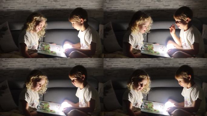 两个金发可爱的孩子，一男一女，兄妹俩，躺在被窝里，和小光一起读书，快乐又幸福