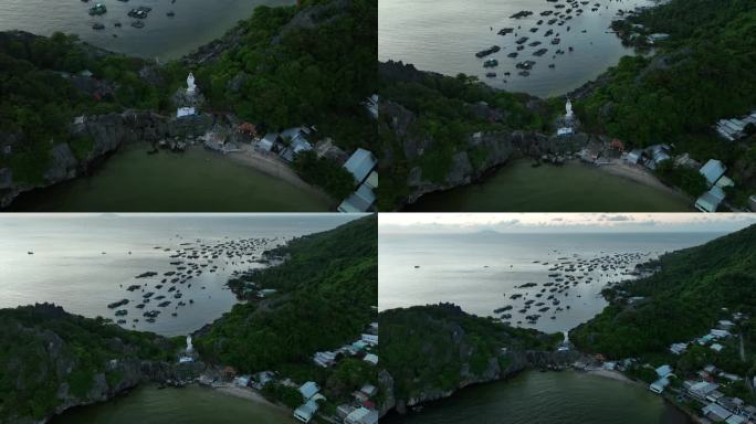 美丽的石灰岩岛屿的航拍视频，背景是养鱼村，江省Nghe岛