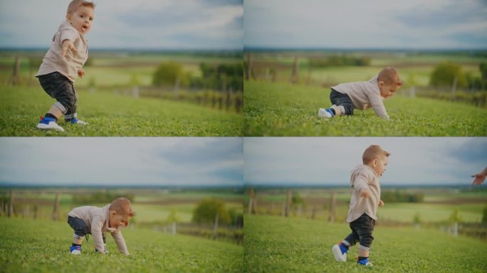 慢镜头父亲鼓励可爱的小男孩在草地上学习走路。15个月大的幼儿