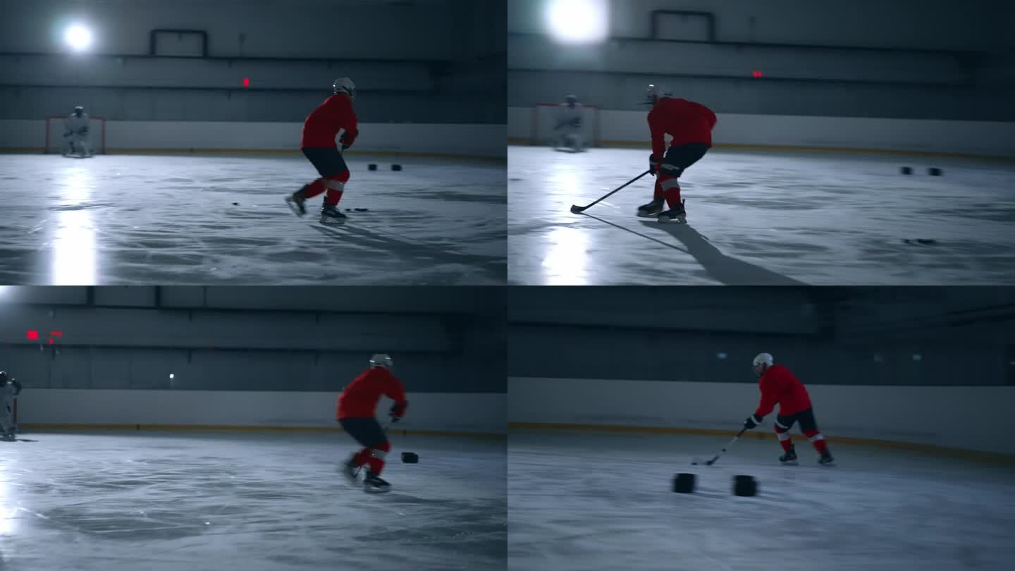 一名身穿红色球衣的冰球运动员在冰场上展示了他令人难以置信的敏捷性和速度