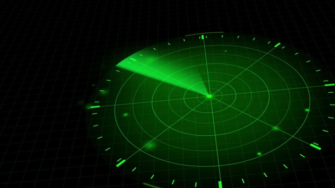 军用搜索和跟踪系统。数字雷达导航和目标探测。雷达绿屏在三维视图与复制空间。循环播放4K视频
