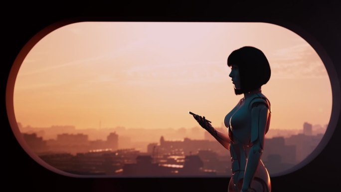 一个半机械人女孩站在窗边，手里拿着一部手机