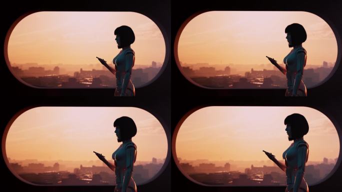 一个半机械人女孩站在窗边，手里拿着一部手机