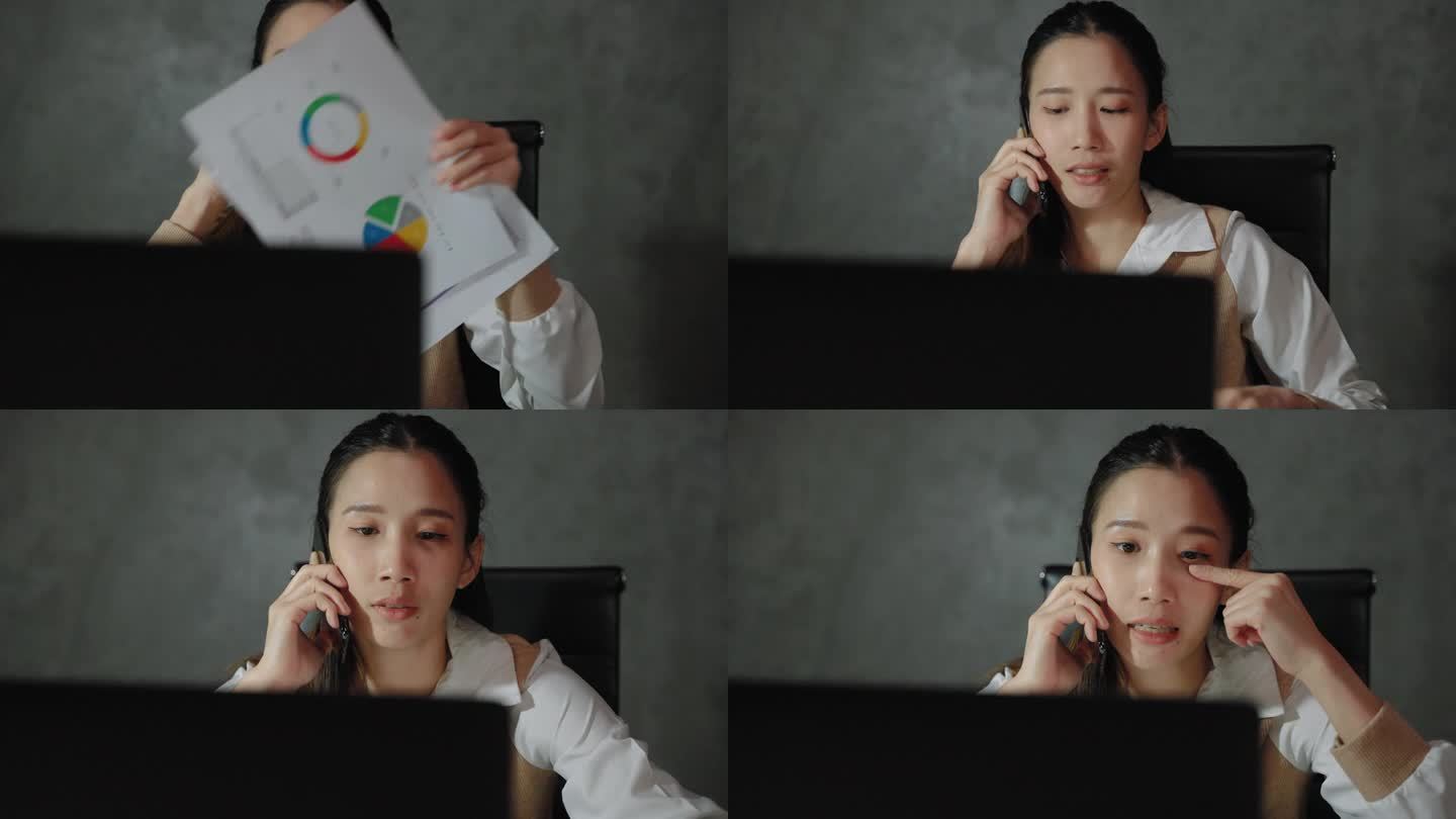 亚洲女商人或自由职业者工作很忙，她打电话和打字直到晚上加班