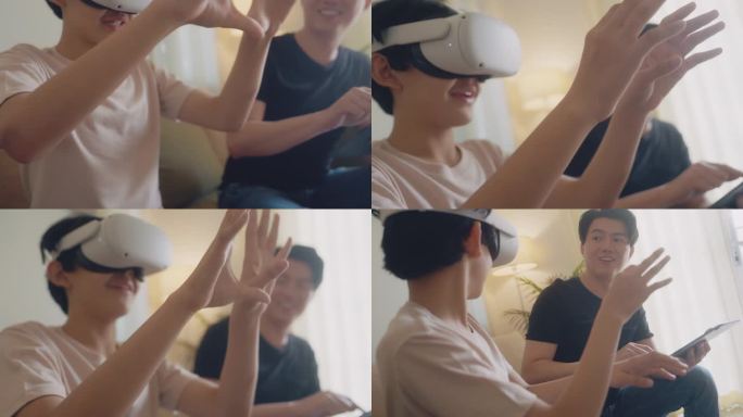 度假时，父子俩在客厅玩虚拟现实。