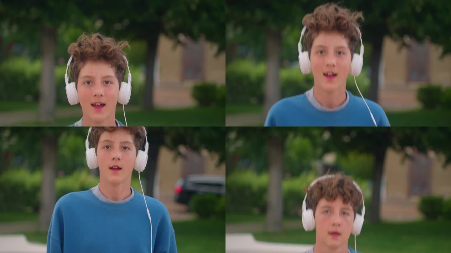一个青少年戴着耳机听音乐，跳蹦床