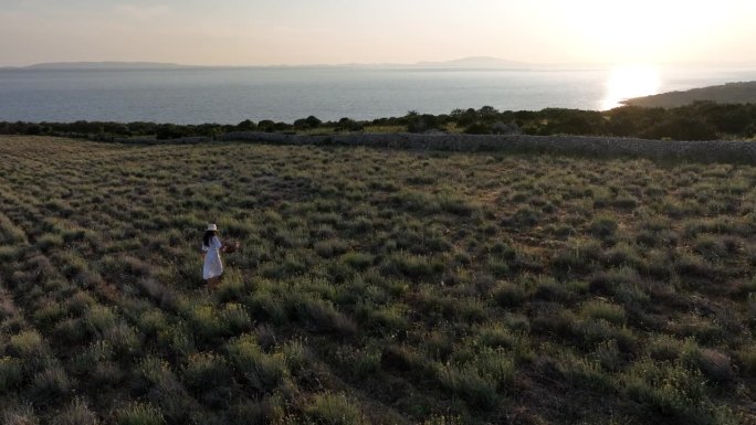 身着白色连衣裙的女子在日落时分穿过海边的田野