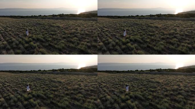身着白色连衣裙的女子在日落时分穿过海边的田野