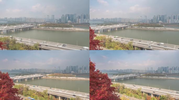 韩国首尔4K延时拍摄，汉江大桥、Nodeulseom岛的城市天际线延时拍摄，秋天从龙凤亭公园观看汉江