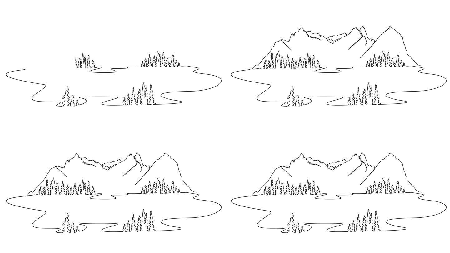 动画单线绘制美丽的山景与湖泊