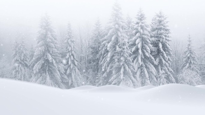 冬季的雪景以白雪覆盖的树木为背景。飘落逼真的雪花无缝循环动画。