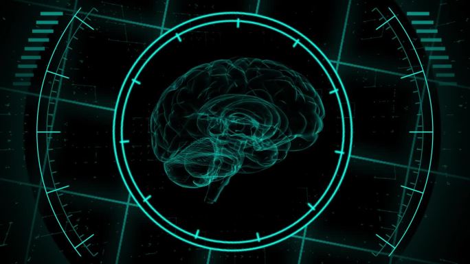 人体图像大脑x射线参数扫描监视器屏幕中间3d发光动画头骨头部旋转，DNA图标分析背景4k，保健心灵参