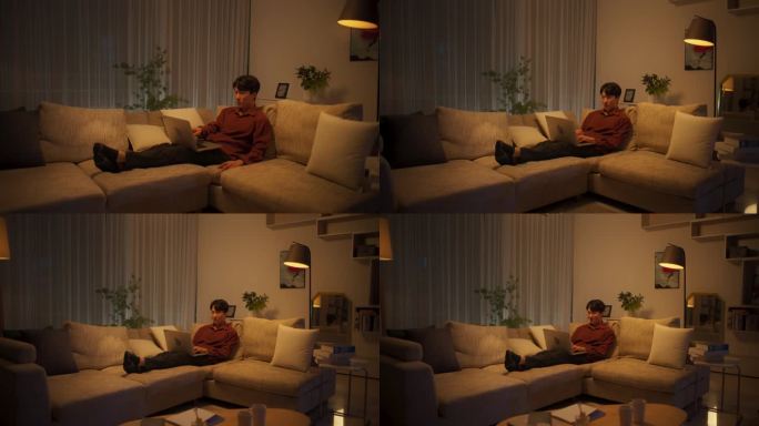 年轻英俊的亚洲男性晚上在公寓里上网，在家用笔记本电脑，在客厅的沙发上休息时在社交媒体市场上购物