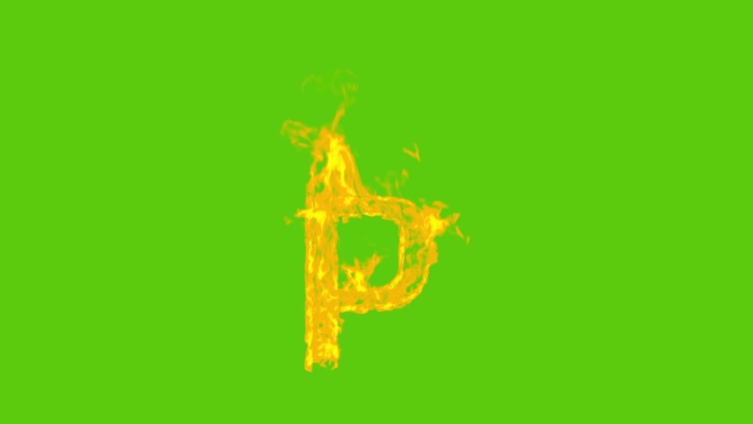 大型英文字母在火中燃烧孤立的绿色屏幕，色度键，英文字母