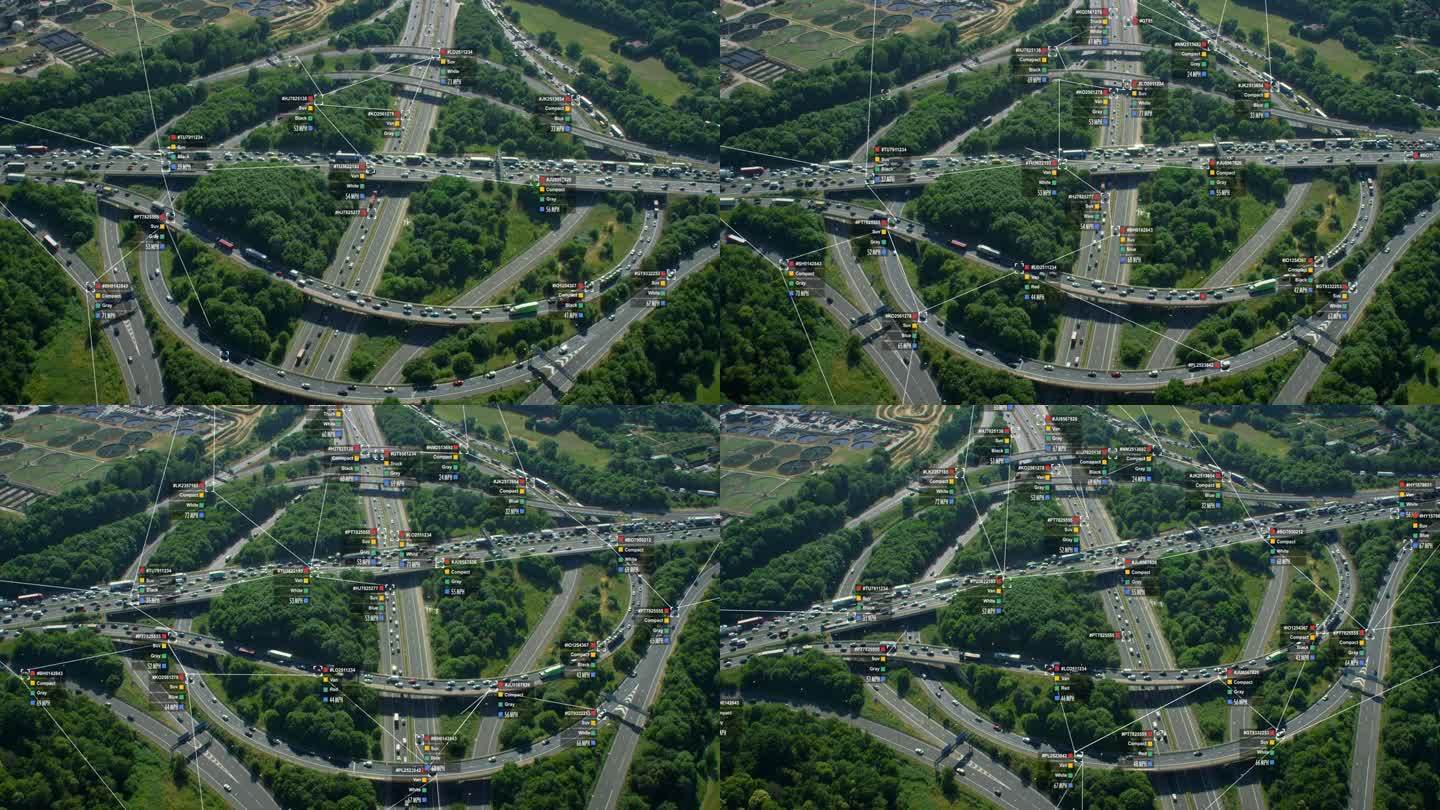 监视系统。主干道上交通的鸟瞰图。连接网络。身份和速度控制系统。未来的交通工具。人工智能。计算机视觉。
