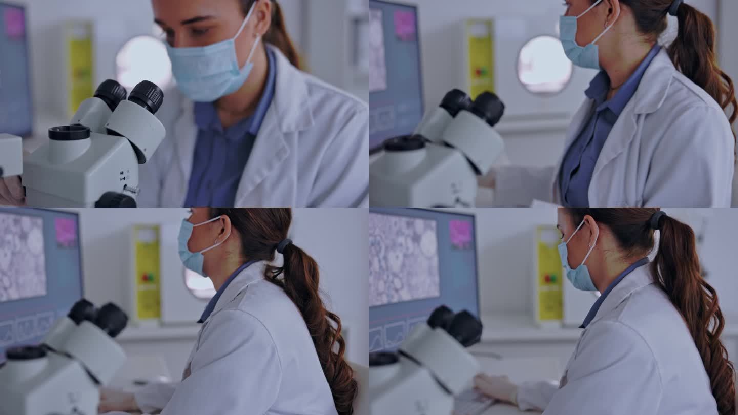 显微镜，covid和科学，女性在实验室进行研究，病毒和突破。发展，医疗保健与女性和检查实验，药物和疫