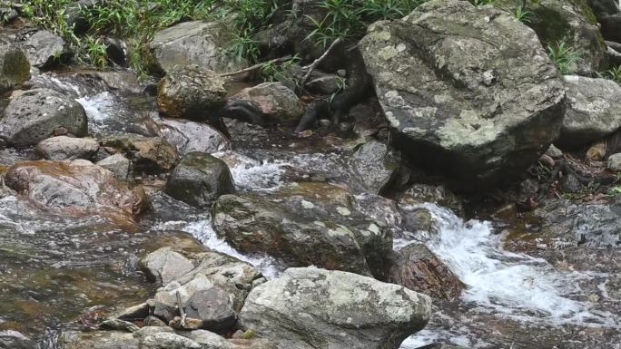 山涧间的岩石在峡谷中流淌，湍急的水流沸腾而起泡沫