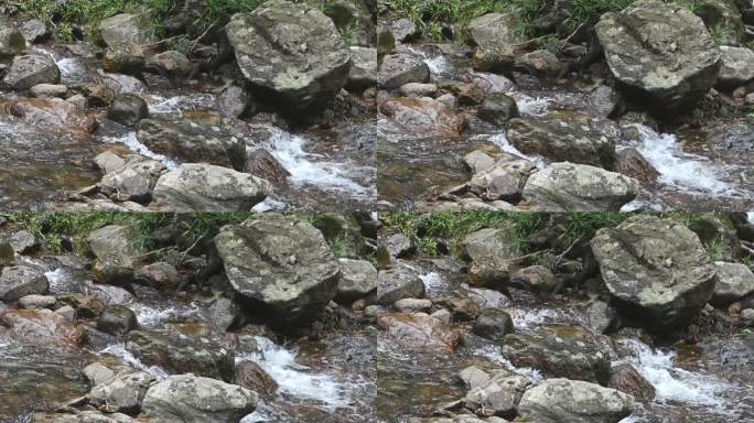 山涧间的岩石在峡谷中流淌，湍急的水流沸腾而起泡沫