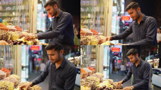 一个在香料店工作的阿拉伯年轻人