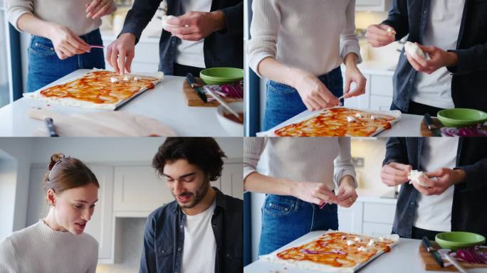 年轻夫妇在家里的厨房里一起做新鲜披萨的特写