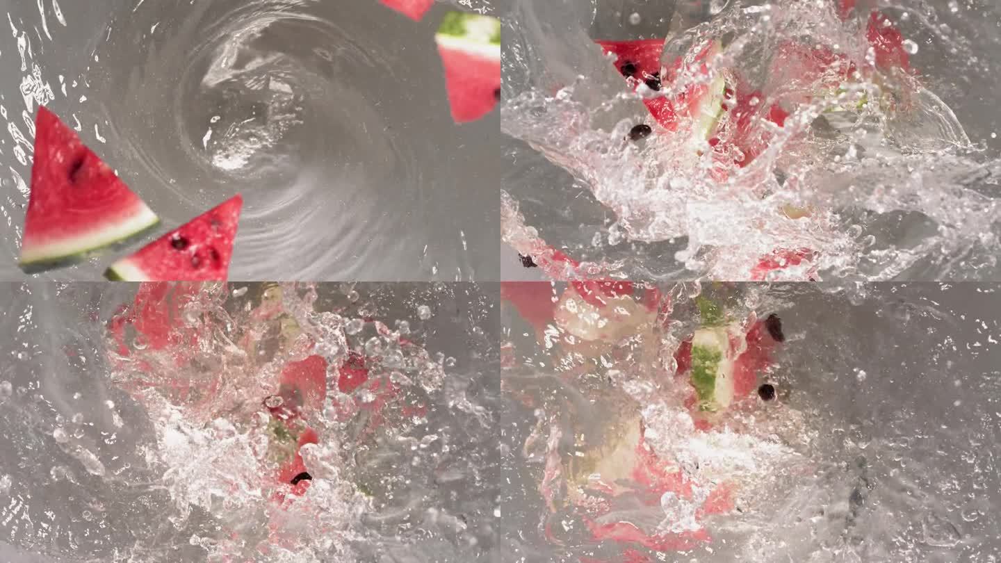 新鲜西瓜片落入水漩涡的超级慢动作镜头