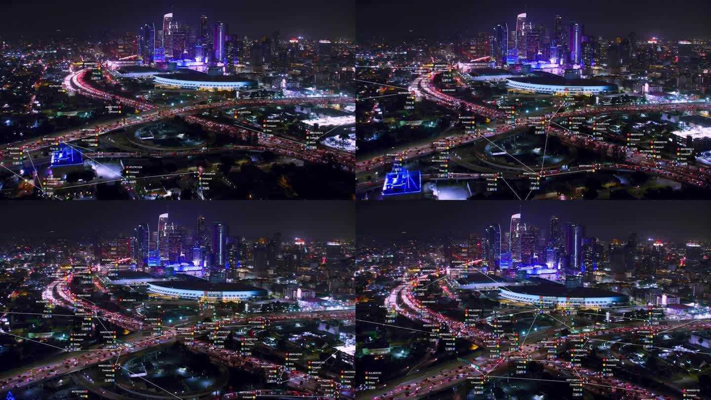 监视系统。经过金融区的车辆。洛杉矶。人工智能界面显示ID，速度，颜色和类型的车。未来的交通工具。物联