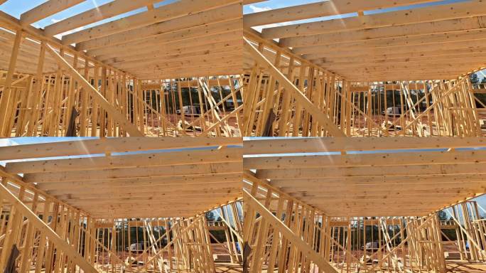 在一个新的建筑项目中，由木梁和木棒建造的框架房屋