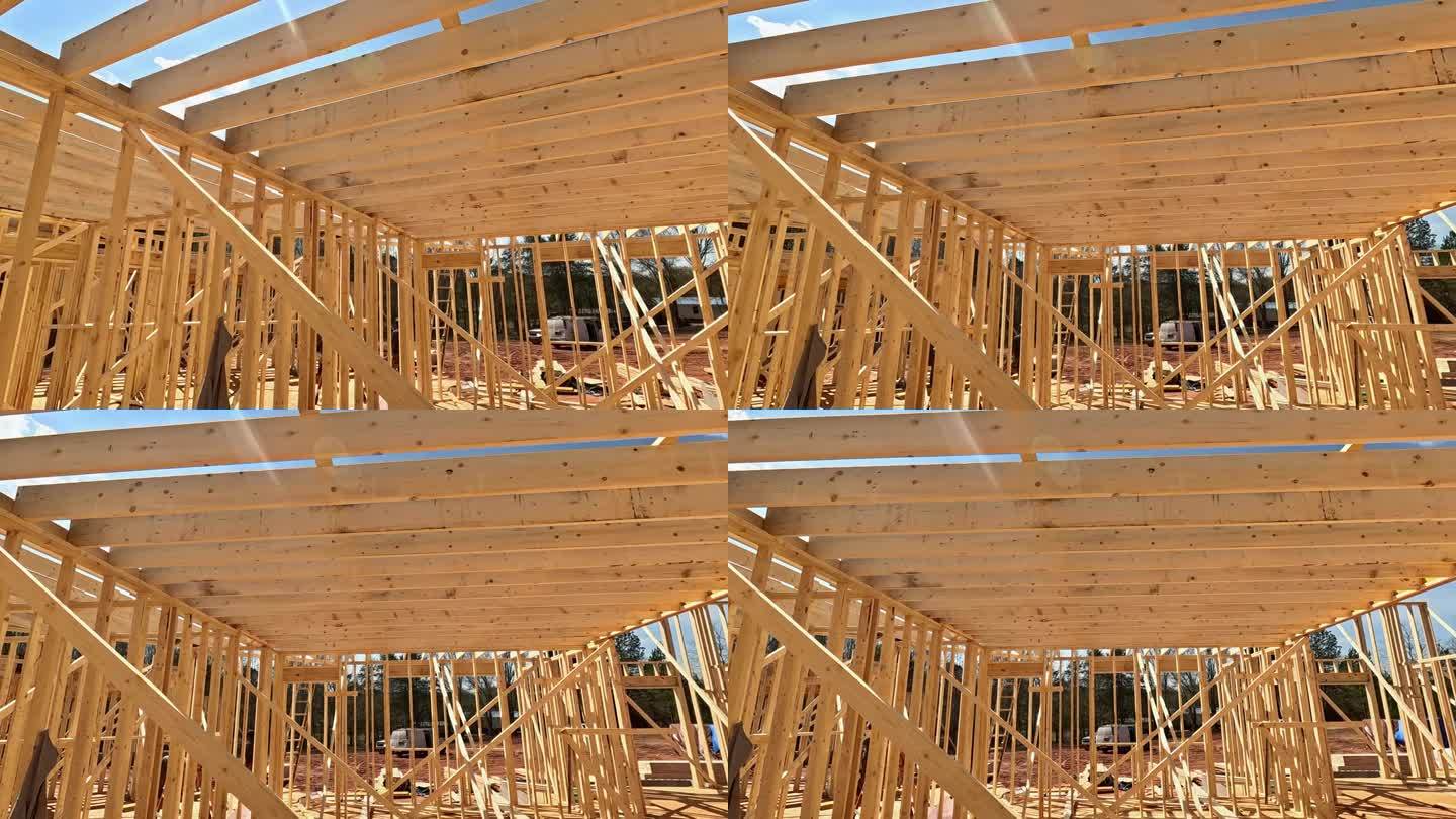 在一个新的建筑项目中，由木梁和木棒建造的框架房屋