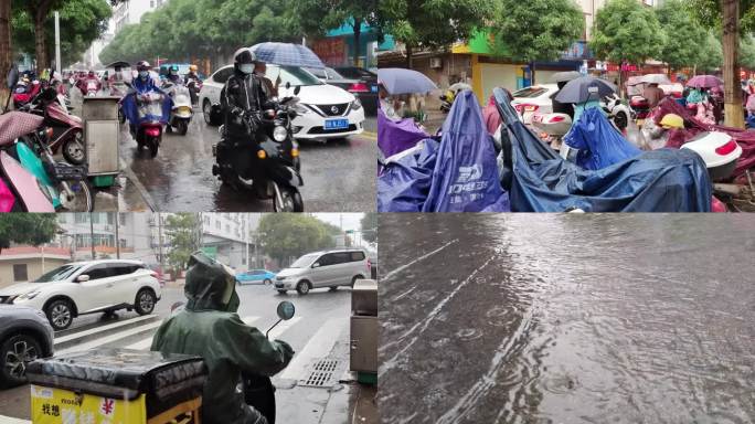 下雨的街道上班下班的路下雨送外卖雨天走路