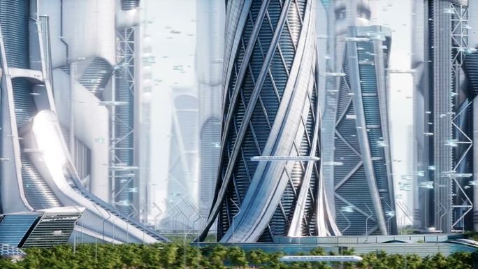 未来城市日。科幻建筑和建筑。未来的概念。逼真的4k动画。