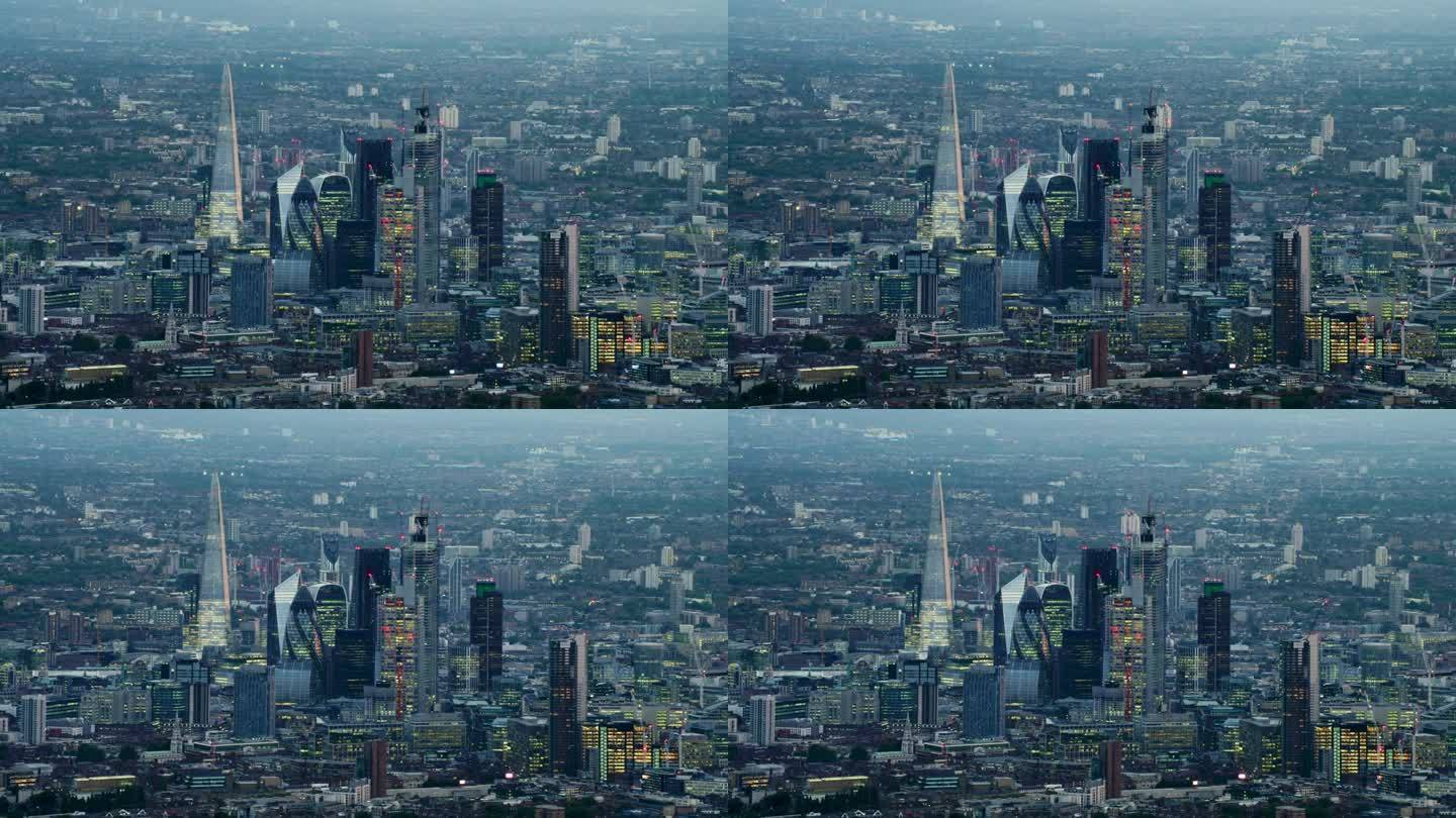 伦敦金融区摩天大楼鸟瞰图。市内著名建筑。这里是伦敦的金融中心之一。黎明时分的城市风光。英格兰。英国。