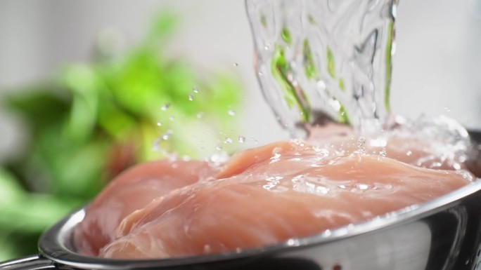 在明亮的厨房里，在自来水溅起的慢动作下，用滤器清洗生鸡胸肉