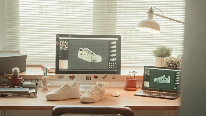 运动鞋设计师桌与电脑在阁楼工作室