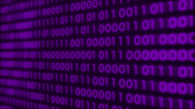 4K紫色二进制码电脑数字在屏幕上移动，数字串信息流大数据滚动。算法二进制，数据编码，解密和编码，行矩