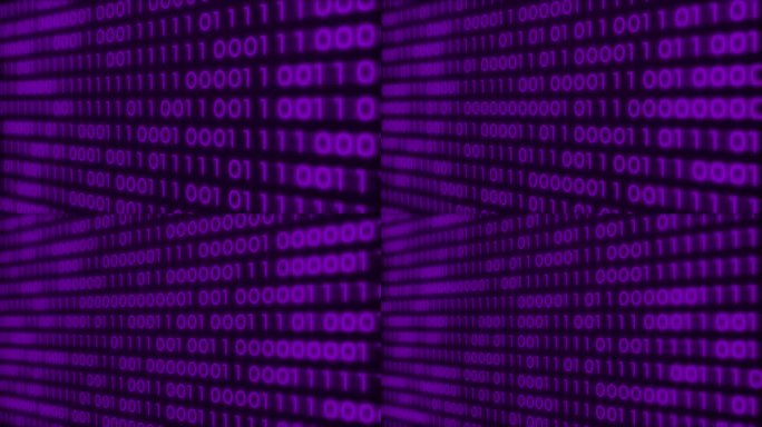 4K紫色二进制码电脑数字在屏幕上移动，数字串信息流大数据滚动。算法二进制，数据编码，解密和编码，行矩