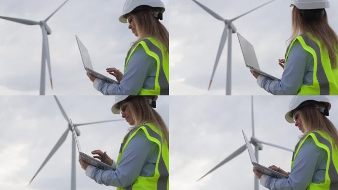 拥有风力发电机的女设计师:规划一个清洁的未来。一位身穿防护背心的工程师分析风车:可再生能源是绿色的替