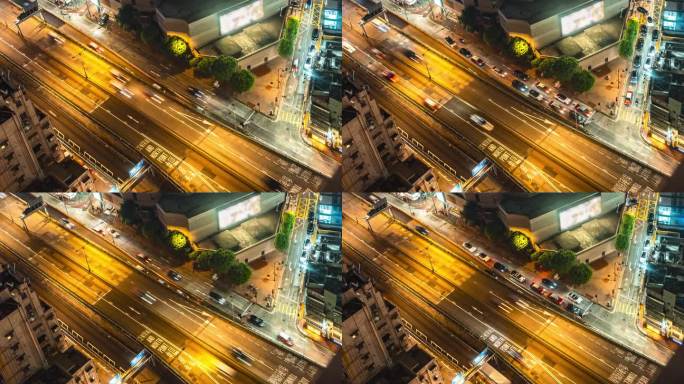 香港交通及运输交叉路口高速公路夜间鸟瞰图。