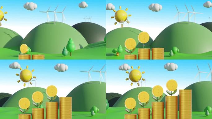 3d动画金币成长堆栈与金钱树在顶部。商务、省钱、投资新成就。