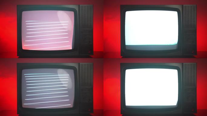卫星信号不好的破复古电视，横条纹闪烁屏幕，仿古电视的噪音和失真，红色背景下新闻传播中断